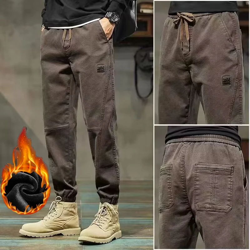 

Autumn Winter Men Loose Thickened Warm Trend Versatile Casual Cargo Pants Male Straight Leg Windproof Taper leg Trousers