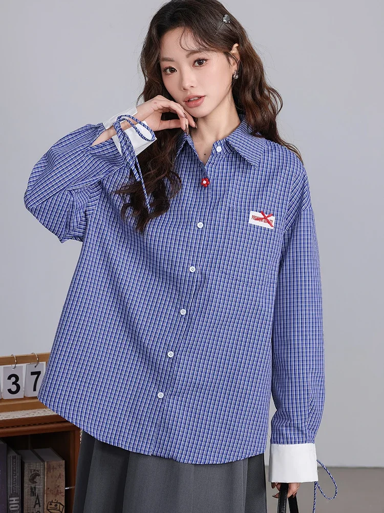 

Повседневная корейская клетчатая рубашка, женская свободная винтажная весенняя блузка с длинным рукавом, дизайн в стиле ретро, универсальные женские новые топы