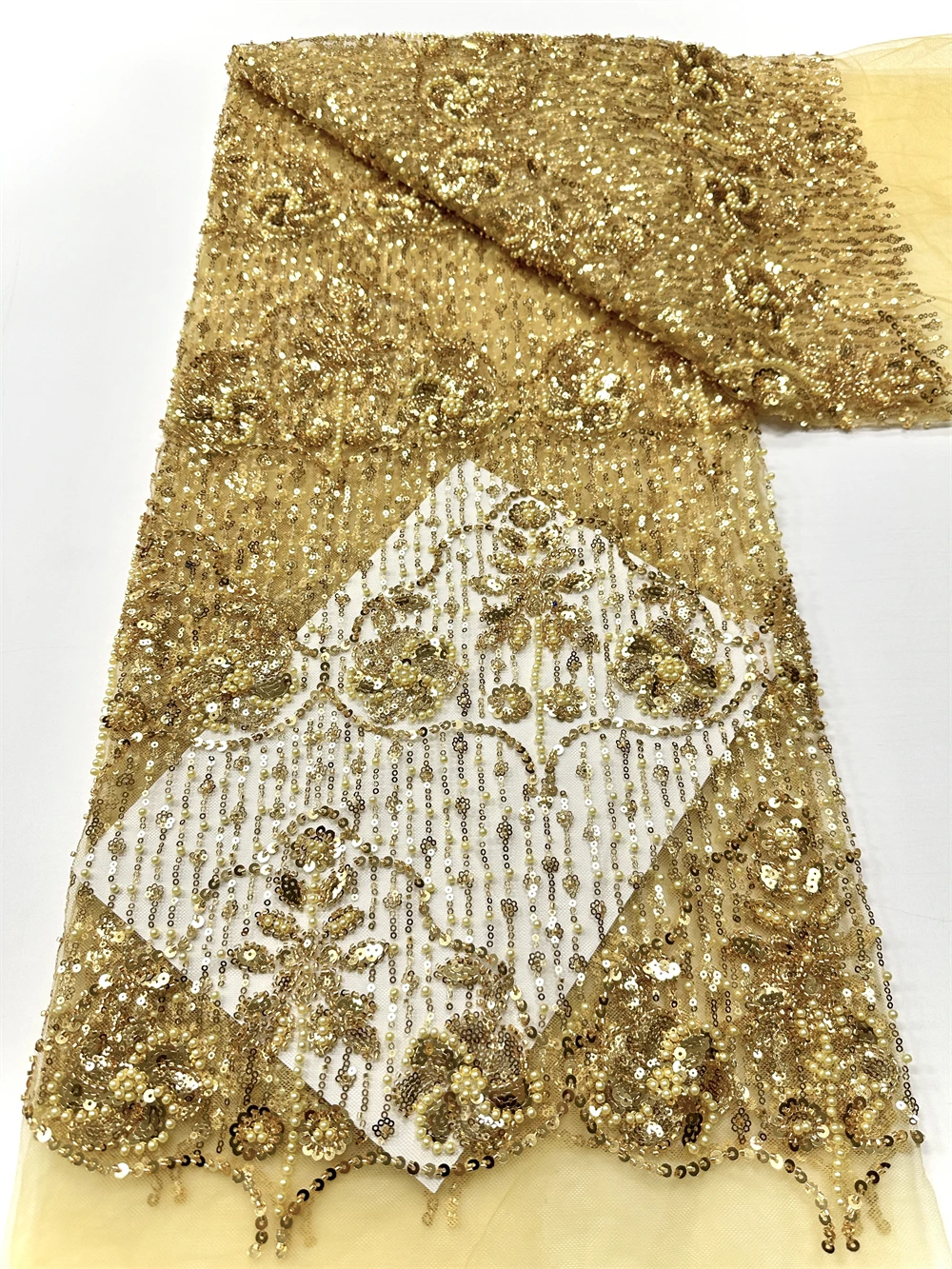 

High-End Luxury French Embroidery Heavy Groom Beads Lace Fabric Withs Sequins 5 Yards High Quality Materiel Party Dress Sewing