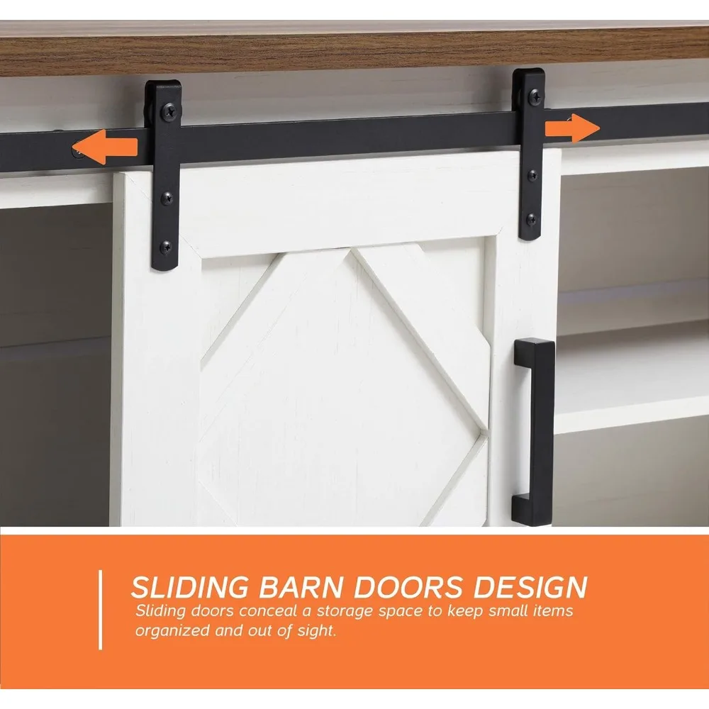 Centro de entretenimento de TV de 75 polegadas com armários de porta de celeiro deslizante e armazenamento