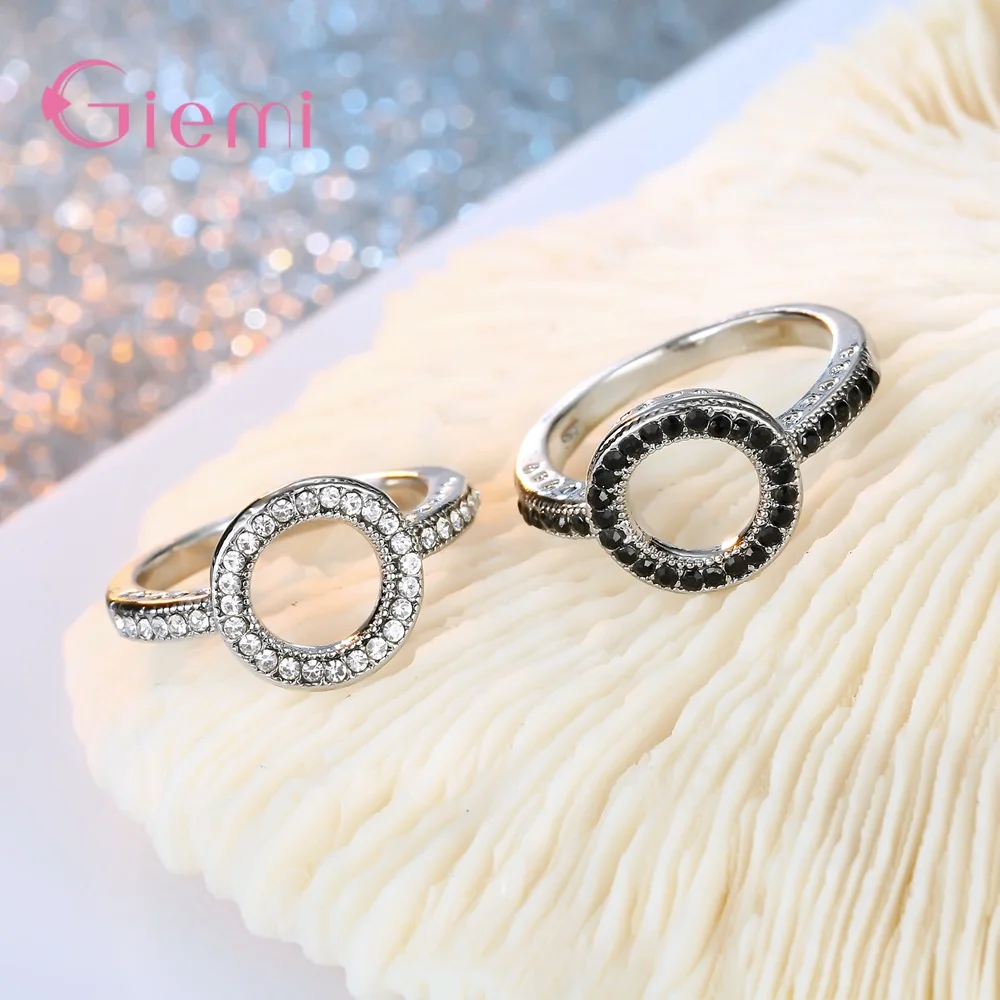 Hollow Round Ring face 925 Silver Needle CZ Black White RhinestonesEngrave Heart Gift Ring for Female Jewelry