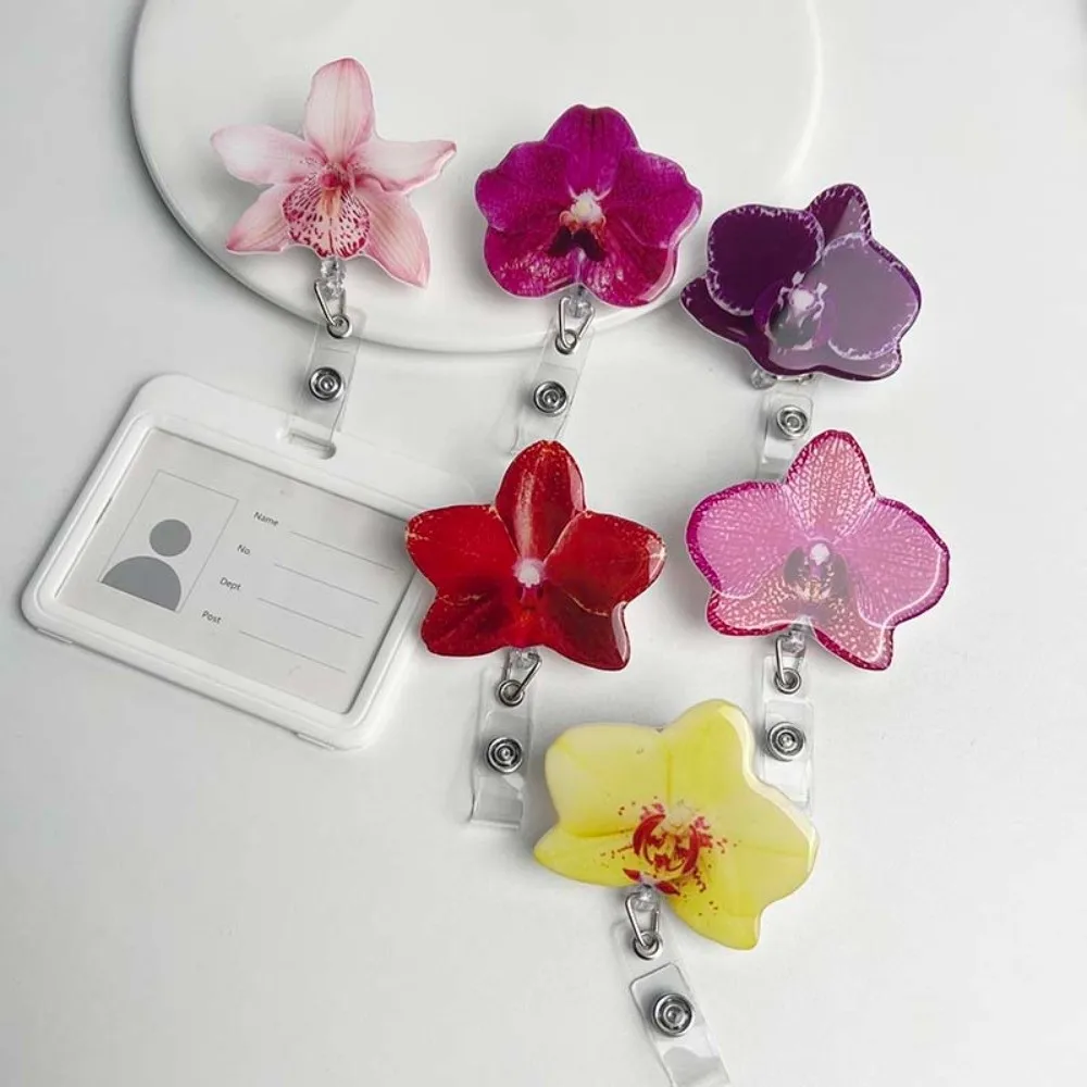 New Acrylic Resin Holder Clip Orchid Flower Shape Durable ID Badge Reel Retractable Design Retractable Badge Holder Chest Card