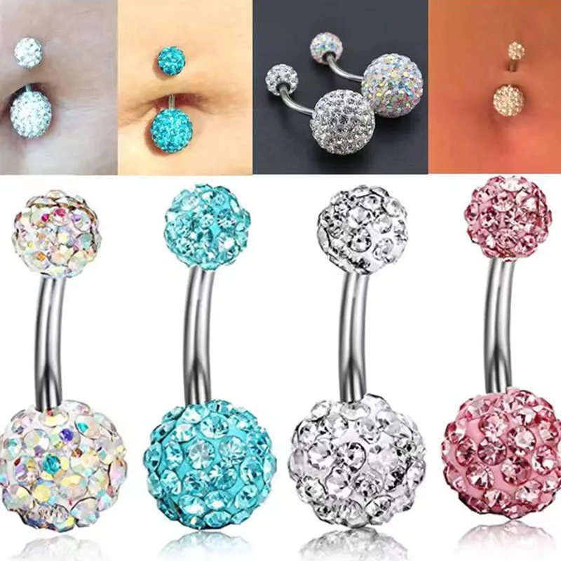 1 Stück 316L Chirurgenstahl Bauchnabelpiercing in Verschiedenen Farben mit Doppelten Epoxid-Kristallkugeln, Körperschmuck 14g