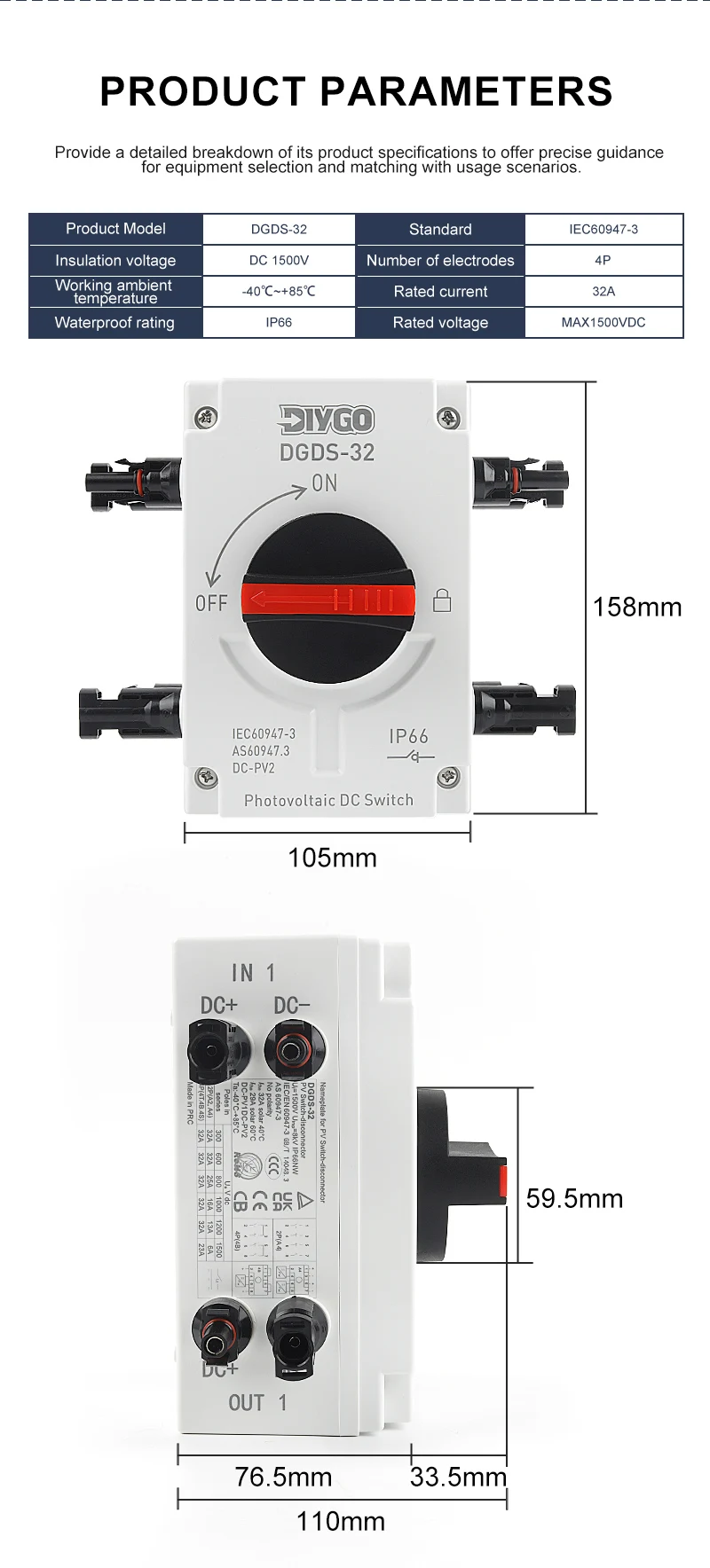 32A 1200VDC PV-Trennschalter Elektrischer Outdoor-Wasserdichter Drehgriff Photovoltaik-Solar-Trennschalter 2 Ein 2 Aus – Detail 11