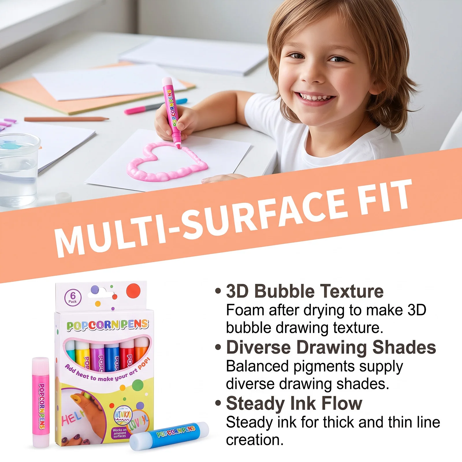 Puffy Popcorn Pen, Smooth Vibrant Ink, Create Raised 3D Effects, Fun DIY Decor for Notebooks & Handmade Greeting Cards