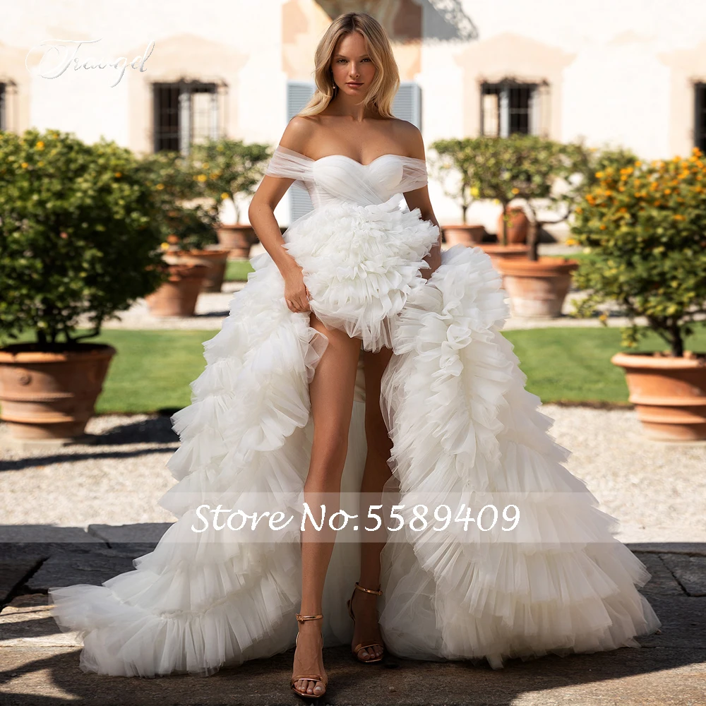 Suknie ślubne Traugel, seksowne, z odkrytymi plecami, dekolt łódka, plisowane, w stylu vintage, wykwintne falbany, tren dworski, fason litery A.