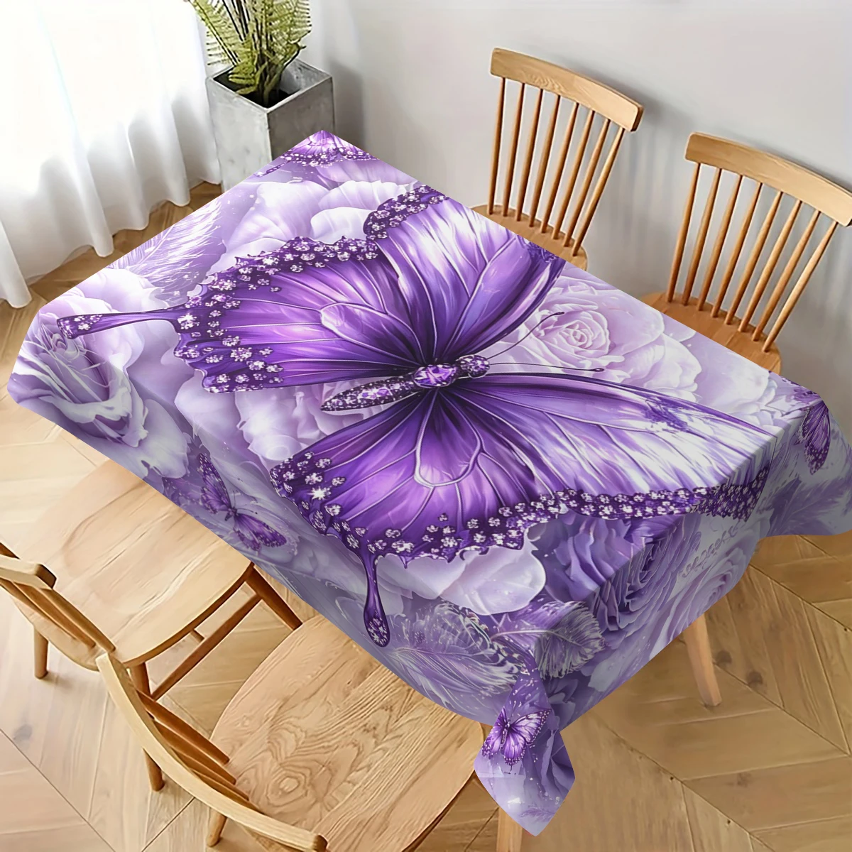 Gorgeous Butterfly & Floral Pattern Polyester Tablecloth - Decorative Table Cover for Dining Room, Stylish Home Party Decoration