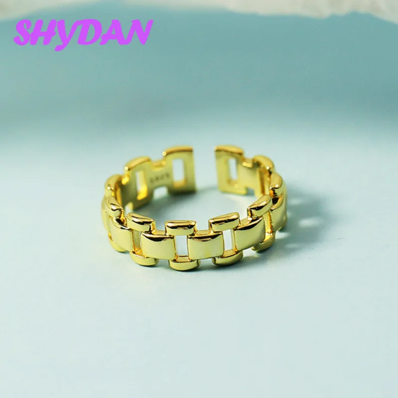 SHYDAN 925 Sterling Silber 18K Gold Hohlring Einfache Kette Offener Verstellbarer Ring für Frauen Mädchen Modeschmuck