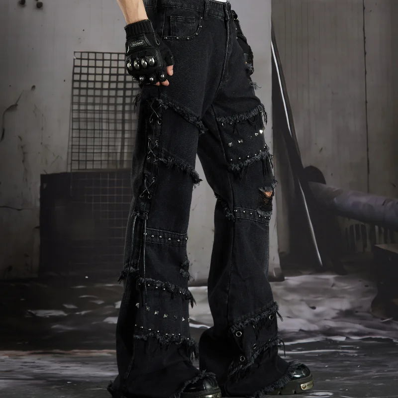 MWJLPWQ Flare Jeans Raw Denim Multi Layer Fringe Patch Distress Hole Decor Drawstring Cuff Unisex Punk Street Trousers 17149