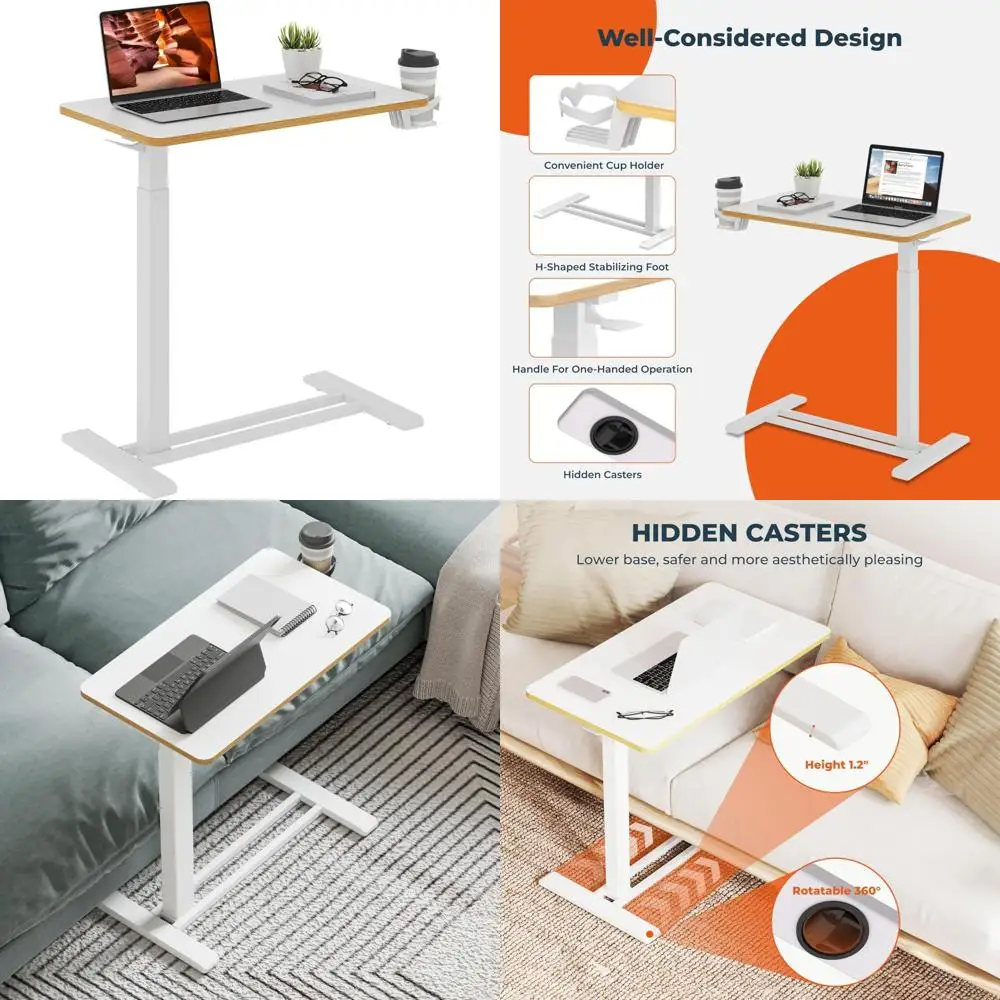 Adjustable Bedside Table with Hidden Wheels, Mobile Rolling Laptop Desk with Tray for Home Use