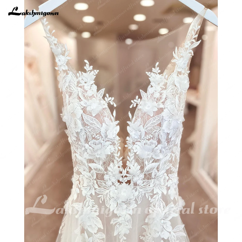 Lakshmigown abito da sposa senza schienale con Appliques in pizzo Vintage con scollo a V 2024 fiori 3D abito da sposa abito da sposa su misura da sposa