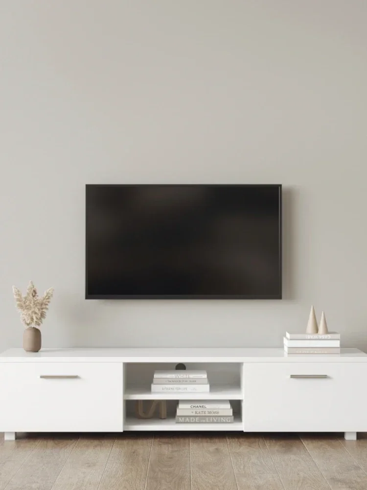 حامل تلفزيون أبيض لحوامل تلفزيون مقاس 70 بوصة، وطاولة تلفزيون مركز ترفيه وحدة تحكم الوسائط، وخزانتين تخزين مع أرفف مفتوحة