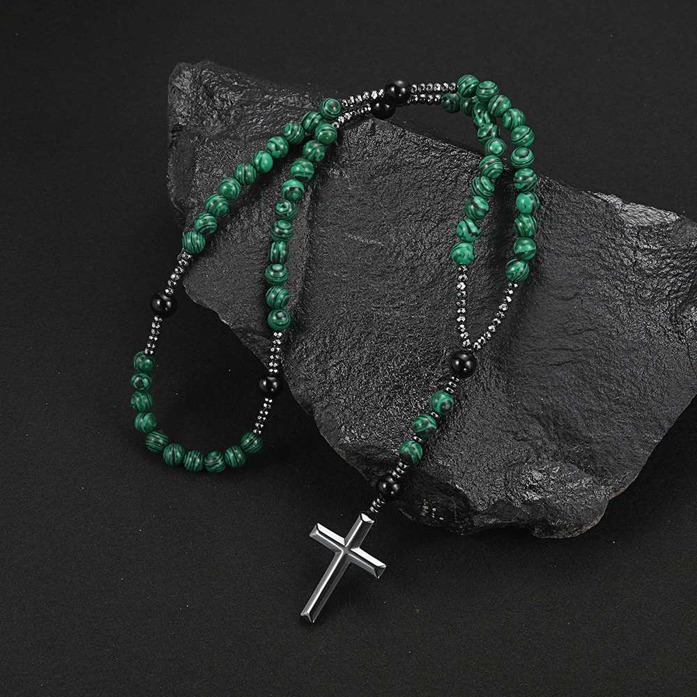 Mode Grün Naturstein Runde Perlen Schwarz Kreuz Anhänger Halskette für Männer und Frauen Schmuck Geschenk – Detail 5