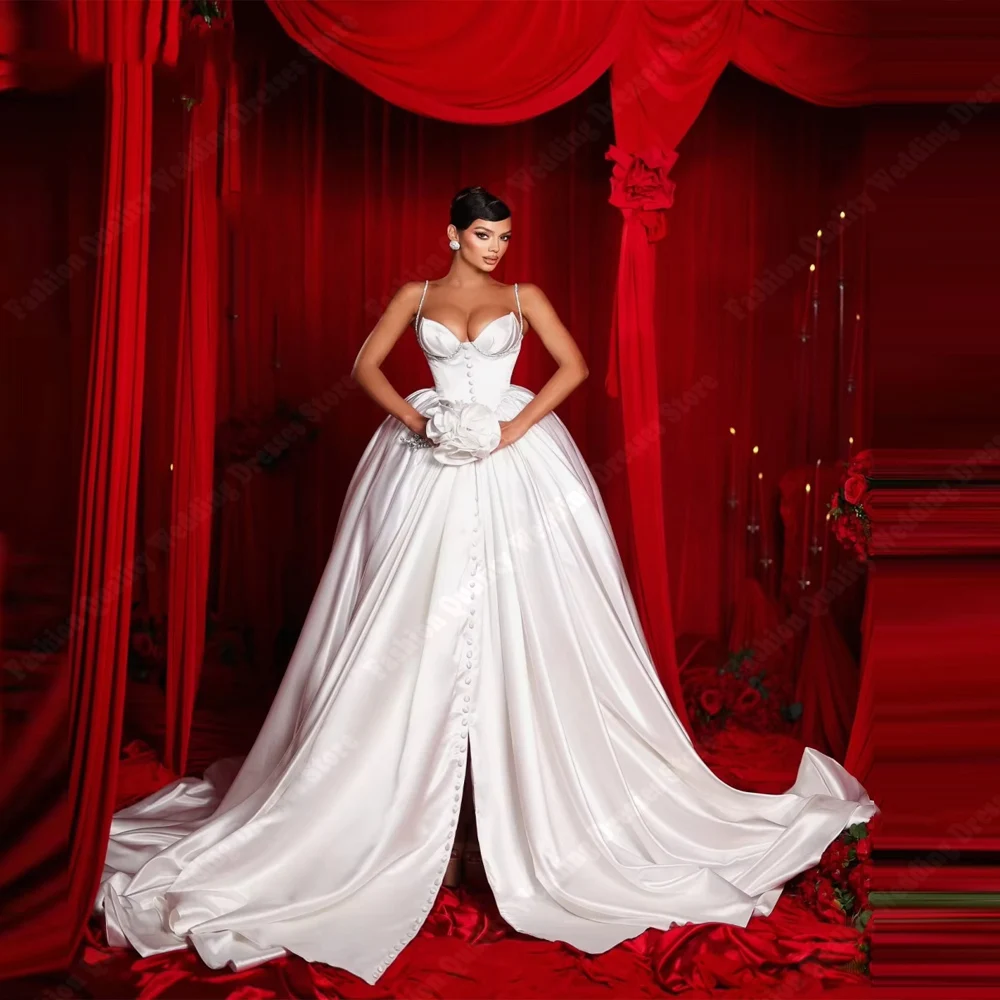 Suknie ślubne damskie z dekoltem w serduszko, błyszczące satynowe suknie księżniczki dla panny młodej, długie do ziemi, balowe, damskie Vestidos De Noche, szyte na miarę.