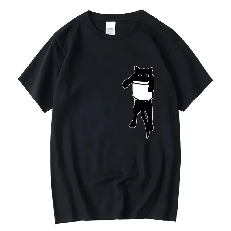 Funny Black Cat Hanging Pocket Graphic T‑Shirt Cute Cartoon Print Men Women Short Sleeve Casual Streetwear Tee