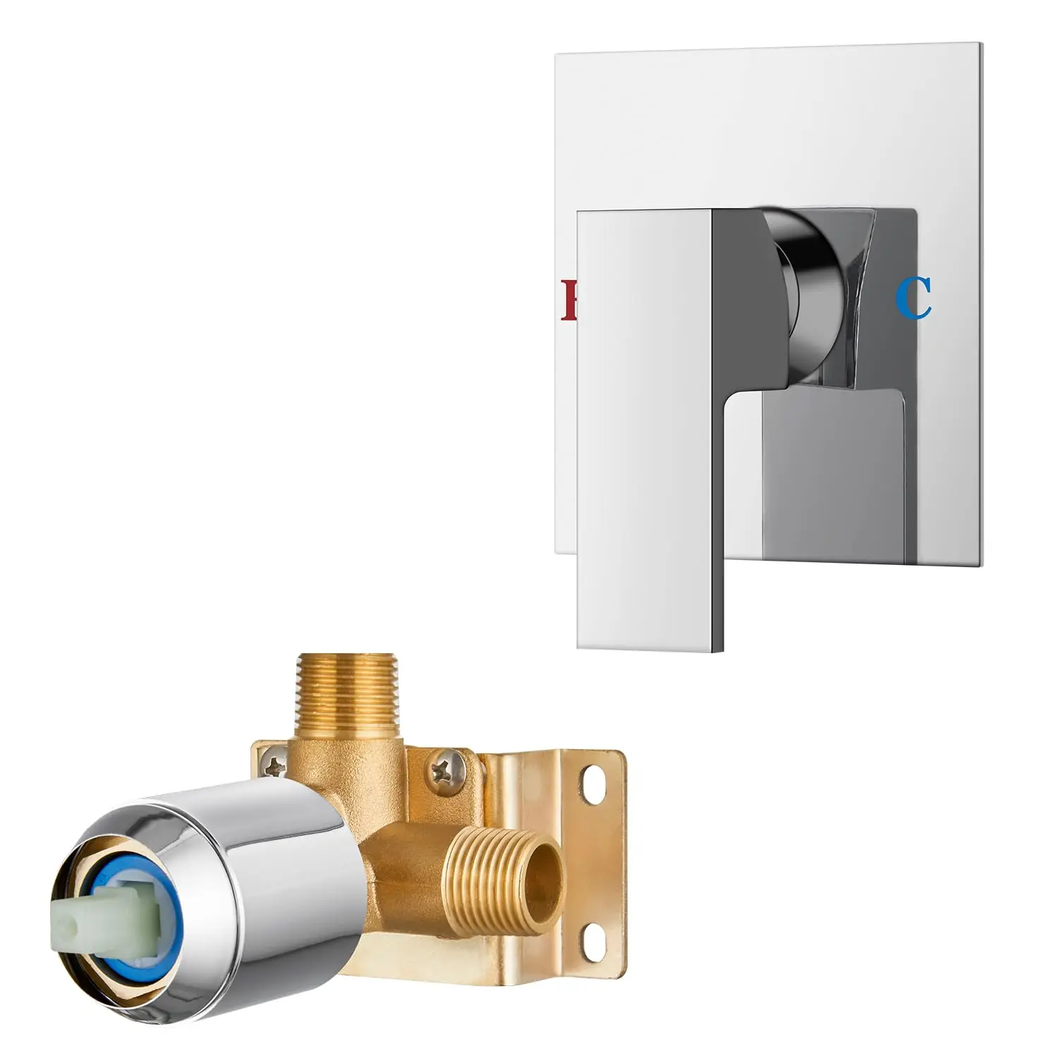 

Square Single Handle Brass Shower Valve Trim Kit With 5.5 Inch Cover Plate Chrome Finish