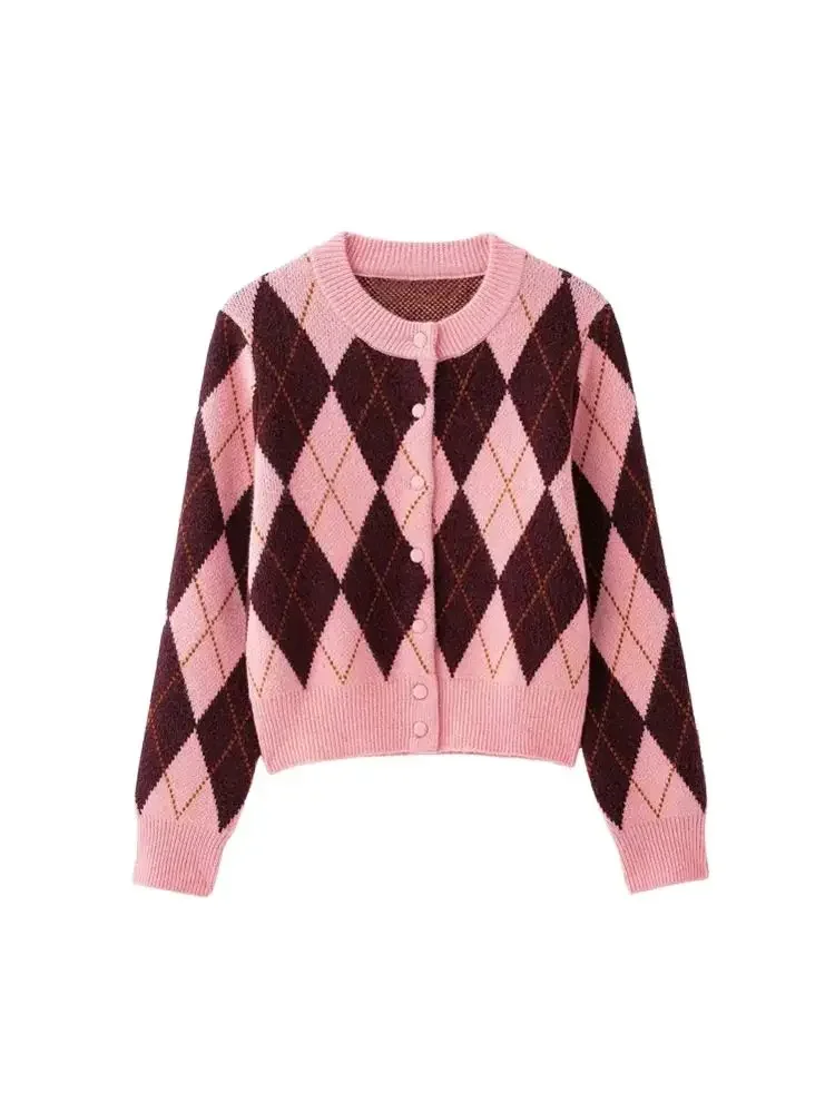 

GELITAYIN Women's Fashion Argyle Jacquard Knit Cardigan Sweater Long Sleeve O-Neck Chic Outerwear Female Top