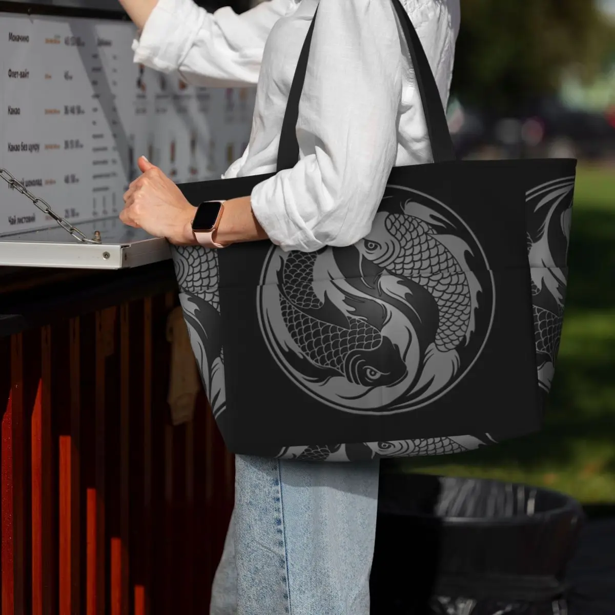 رمادي وأسود يين يانغ كوي الأسماك حقيبة حمل على الشاطئ حقيبة رياضية رياضة اليوغا واق من المطر كبير حمل حقيبة المرأة حقيبة سفر حقيبة اللياقة البدنية