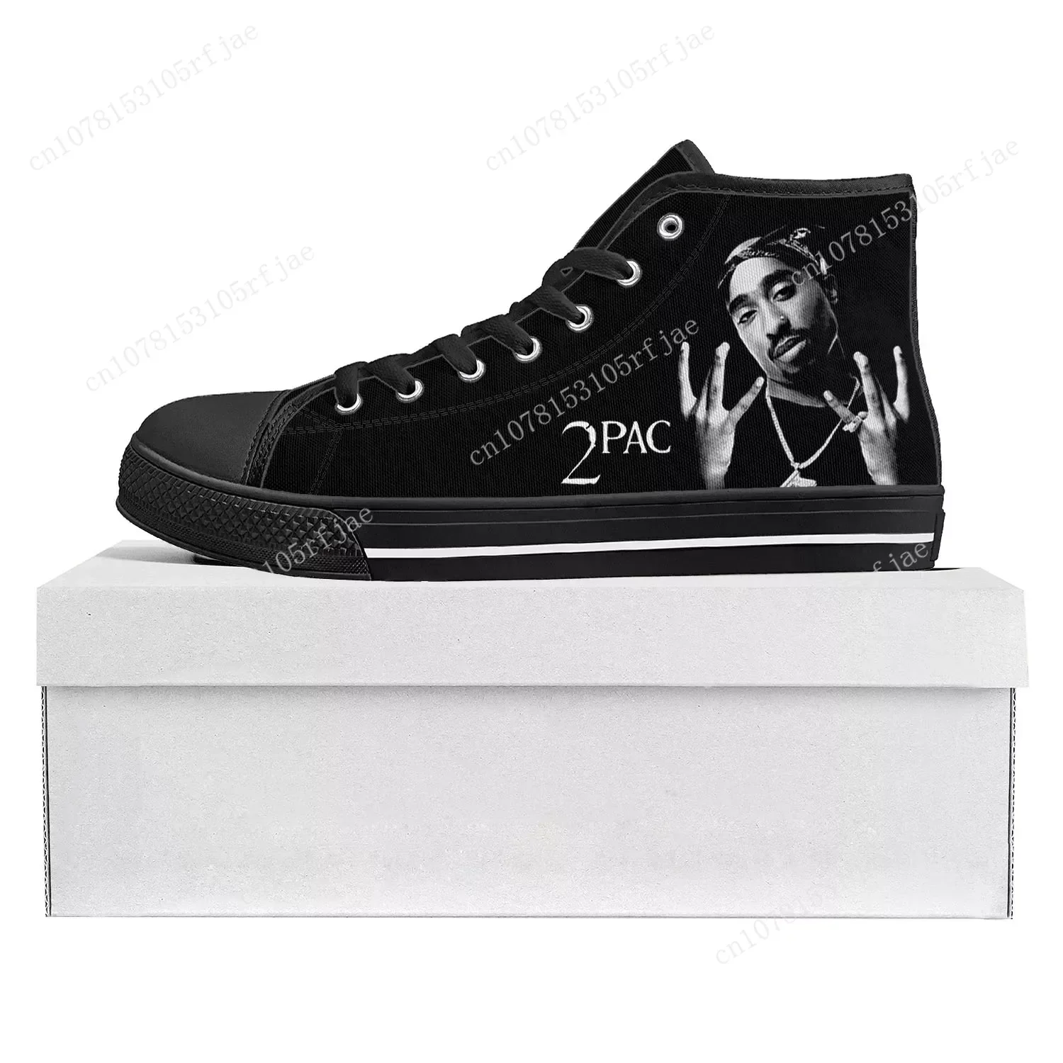 2Pac Hip Hop Rapper Tupac Pop Zapatillas altas de alta calidad para hombre, mujer, adolescente, zapatillas de lona, par de zapatos, zapato personalizado negro