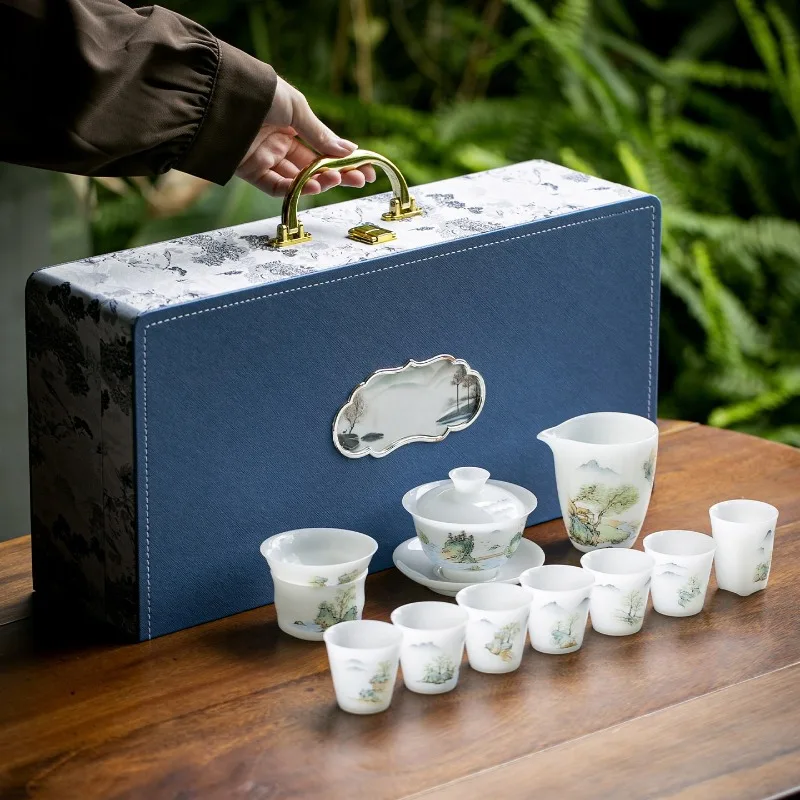 Water painting tea set gift box Kung Fu teacup teapot home gift for elders cultural and creative tea set