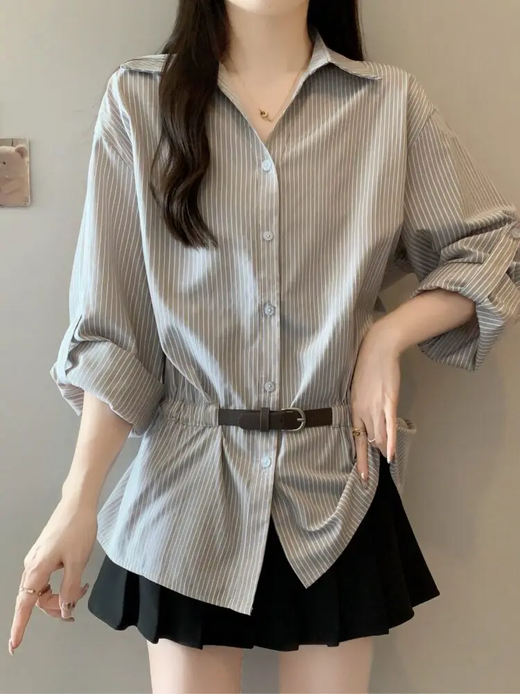 

Trendy Striped Women's irt Spring 2026 New Sle plus Size Slimming Waist Design Long Sve French Sle Breathable Skin-F...