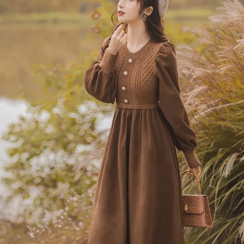 Women NewCasual O-Neck Long Dresses Autumn Ladies Long Styles Sweater Dress Female Lantern Sleeve Fake Two Pieces Knitted Dress