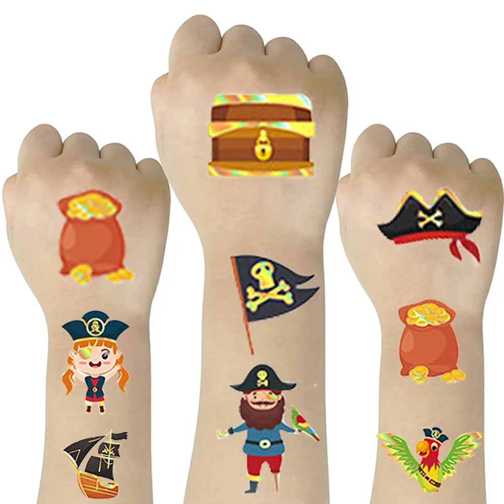 

8 sheet Pirate Temporary Tattoo Birthday Party Kids Boys Girls Fake Neverland Pirated Cannon Powder Captain Body Sticker