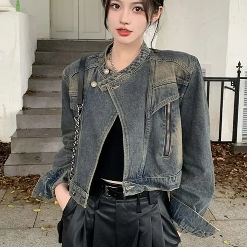 

Vintage Streetwear Y2K Denim Jacket Female Korean Fashion Stand-Up Collar Short Coat Women 2024 New Long Sleeve Outwear
