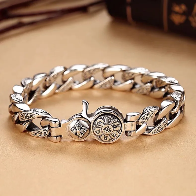 Pulsera de bronce Mantra de seis caracteres, versión amplia giratoria de moda, pulsera atrevida, individualista, elegante y retro para hombre