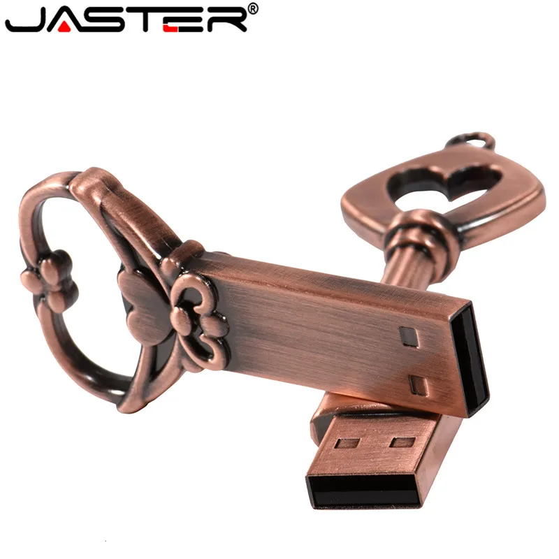 

JASTER Metal Brown Copper Heart-Shaped Key USB 2.0 Flash Drive Pen Drive 16GB 32GB 64GB Memory Stick Pendriver Retro creativity