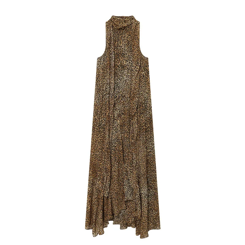 

Women's Leopard Print Maxi Dress Sleeveless Halter Neck Ruffle Hem Casual Summer Party Dress