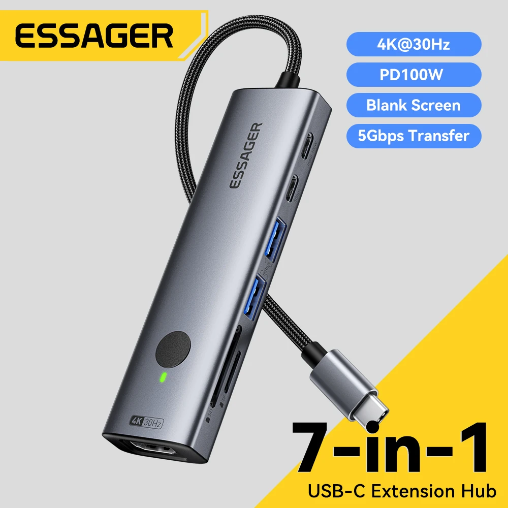 Essager 7 in 1 Type C to USB 3.0 Hub Expansion Dock Adapter Type C to 4K@30Hz HDMI PD100W Charge Dock Station Support SD/TF Read