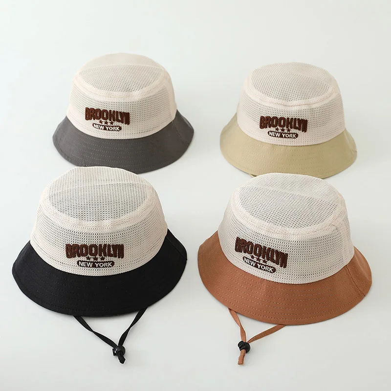 Sommer Mesh Patchwork Fischer Hüte Für Jungen Mädchen Im Freien Sonnencreme Kinder Becken Kappe Kinder Gestickte Brief Eimer Hut