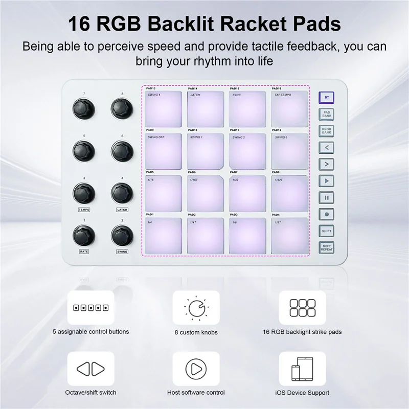 

AEF6-M-VAVE MIDI Controller Strike Pad RGB Backlight MIDI Keyboard BT Connection Low Latency 3.5Mm Output Interface MIDI Pad