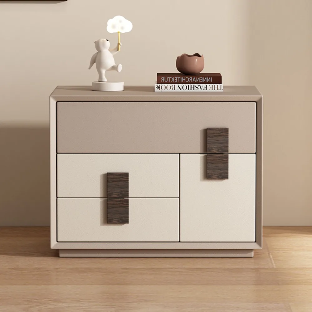 Light Luxury Modern All-solid Wood Bedside Table, Three-Layer Leather Bedside Table, Minimalist, Floor to Ceiling, Premium Bedro