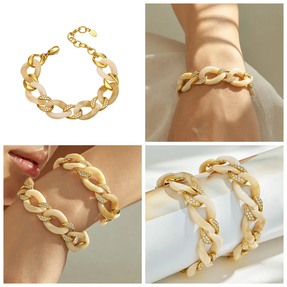 Klobige Gliederarmbänder 18k vergoldet 316L Edelstahl Große Gliederarmbänder Acetat-Armband Kubanische Kettenarmbänder für Frauen – Detail 1