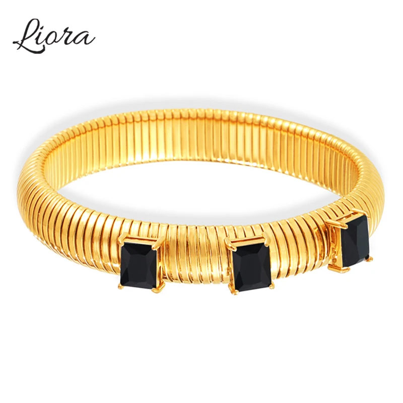 

Liora 316L Stainless Steel Snake Chain Bangles For Women Men Square Glass Stone Unisex Wristband Chunky Bracelets Jewelry Gifts