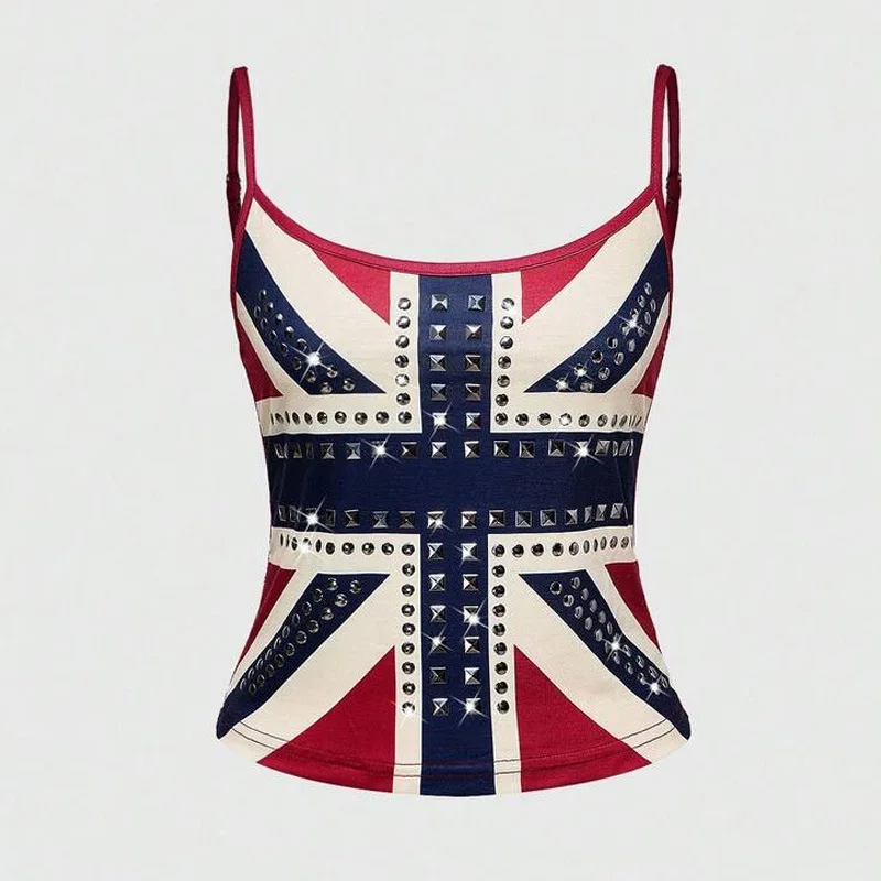 2026 Frühling und Sommer Neue Damen Ärmellose Weste Top mit Strass-Print, schmal geschnitten, sexy Sling-Top, trendige Weste für Damen im Hot-Girl-Stil