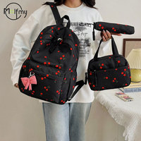 3Pcs Student Backpacks Large Capacity Cherry Backpack Fashion Nylon Schoolbag Lightweight Adjustable Strap Travel Backpack