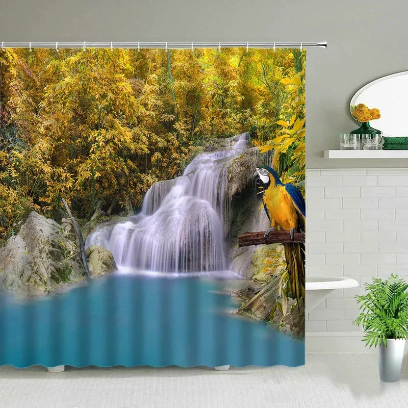 

LXL01Spring Scenery Waterfall Landscape Flower Bird Shower Curtain Green Plants Garden Wall Decor Curtains Room Bathroom Dec6Jm%