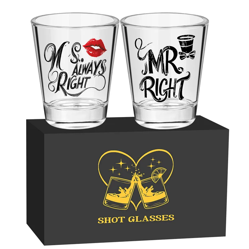 Funny Clear Couple Wine Cup 60ml/2oz Shot Glasses Ms Always Right Mr Right Design Cup Valentine's Day/Anniversary/Wedding Gift