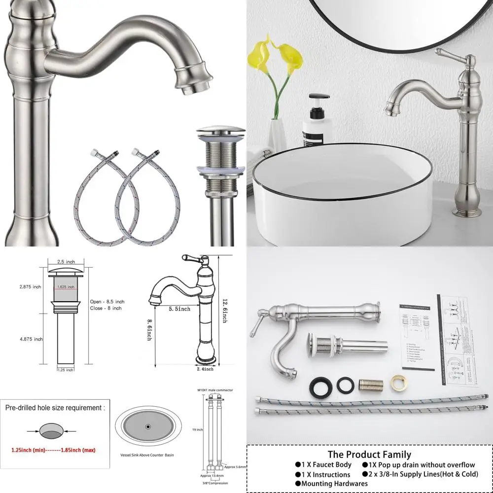 

Brushed Nickel 360° Rotating Single Handle Vessel Sink Faucet with Pop-Up Drain, No Overflow