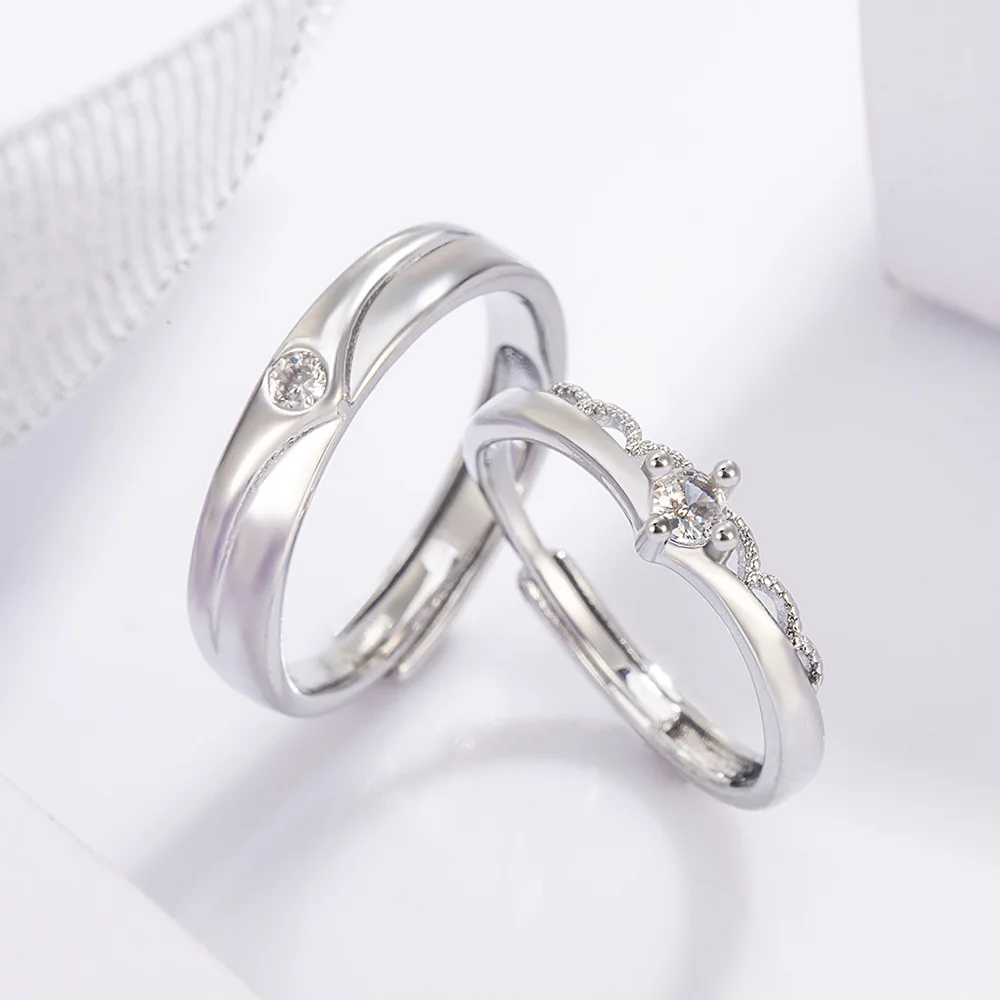 

925 Sterling Silver Ring Crown Inlaid Diamond Zircon Open Ring Couple Fashion Simple Birthday Wedding Anniversary Jewelry Gift