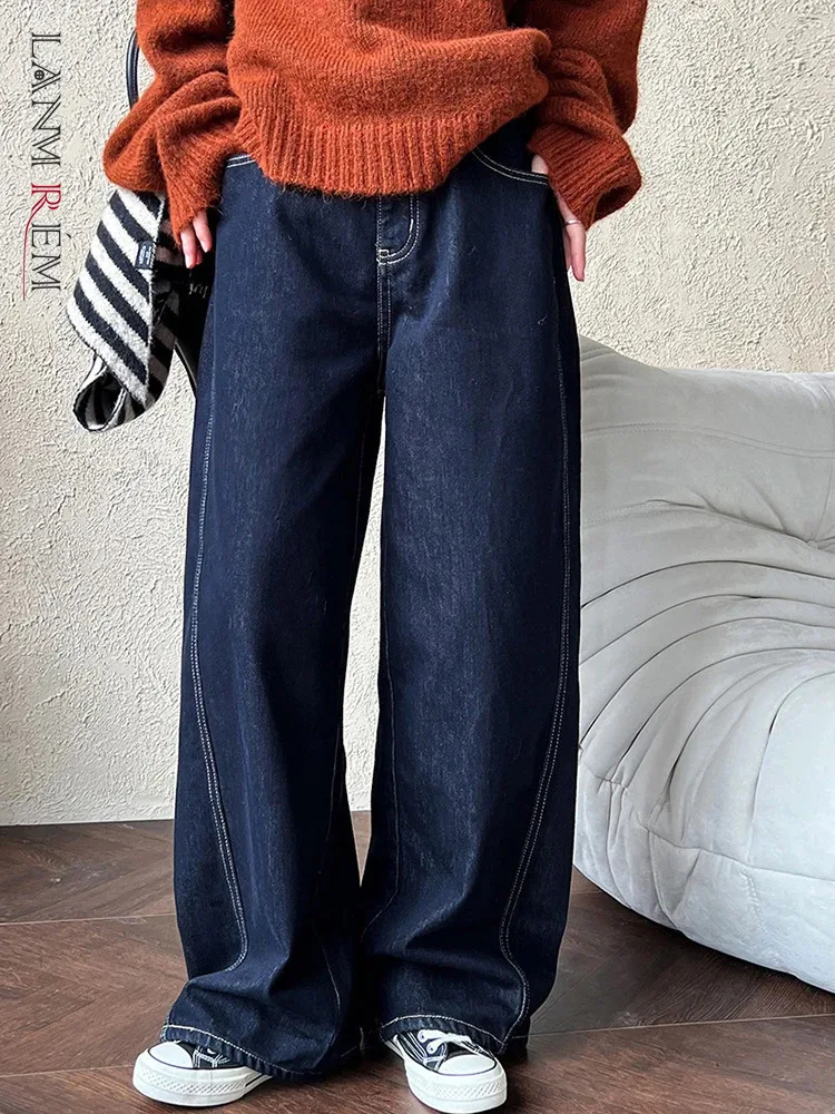 

[LANMREM] Thick Warm High Waist Jeans For Women Straight Wide Leg Denim Pants Office Lady Trousers 2024 Winter New 26C1184