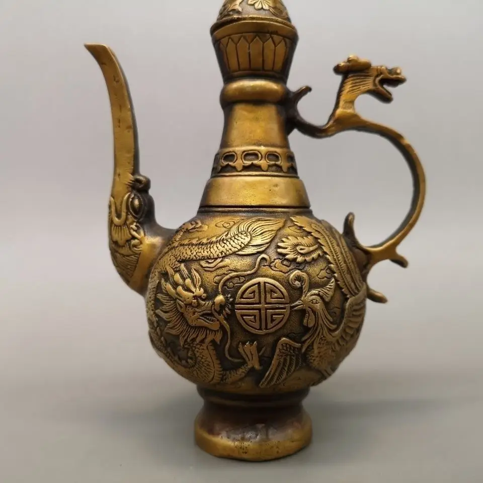 Retro Dragon & Phoenix Pattern Dragon‑Shaped Handle Teapot Ornament Decoration Tea Pet Figurines Desk Decor Accessories