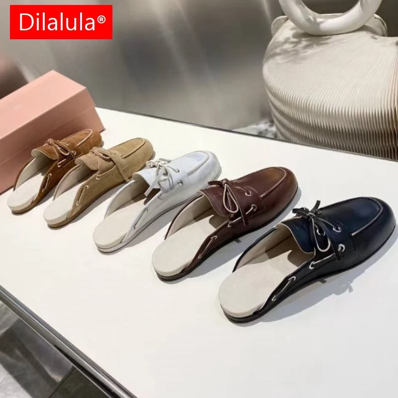 

Dilalula 2026 Горячая новинка: Женские мюли из натуральной кожи с закрытым носком, на шнуровке, летние туфли-лодочки, шлепанцы для отпуска, на плоской подошве, женские мюли