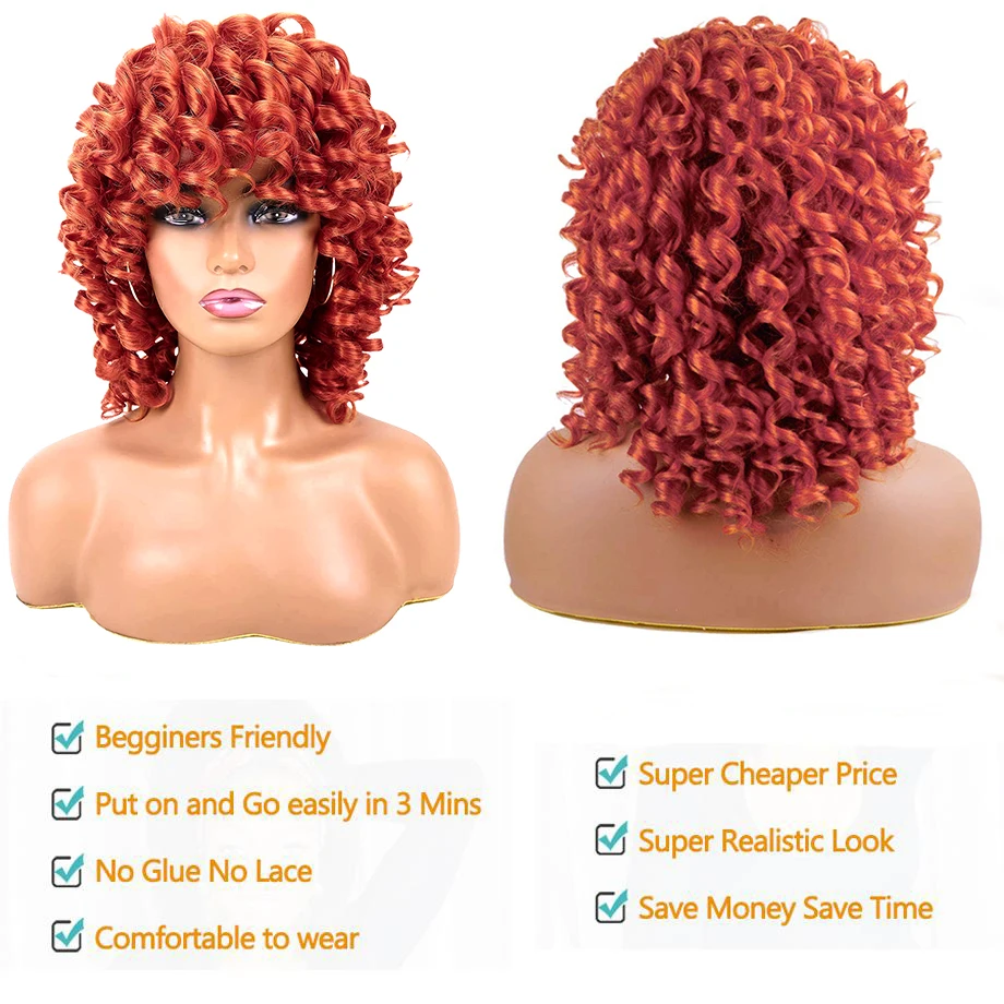 Perucas sintéticas curtas soltas encaracoladas com Franja para mulheres, cabelo natural Cosplay, cabelo Bouncy, peruca afro Kinky Curly, rosa, marrom, gengibre