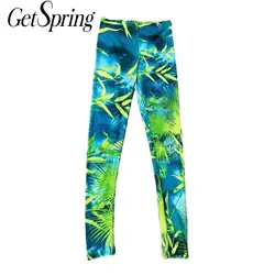 GetSpring Women Leggings Green Plant Leaf Print High Waist Leggings Fitness Jogging Fashion Women Pants Long Trousers New