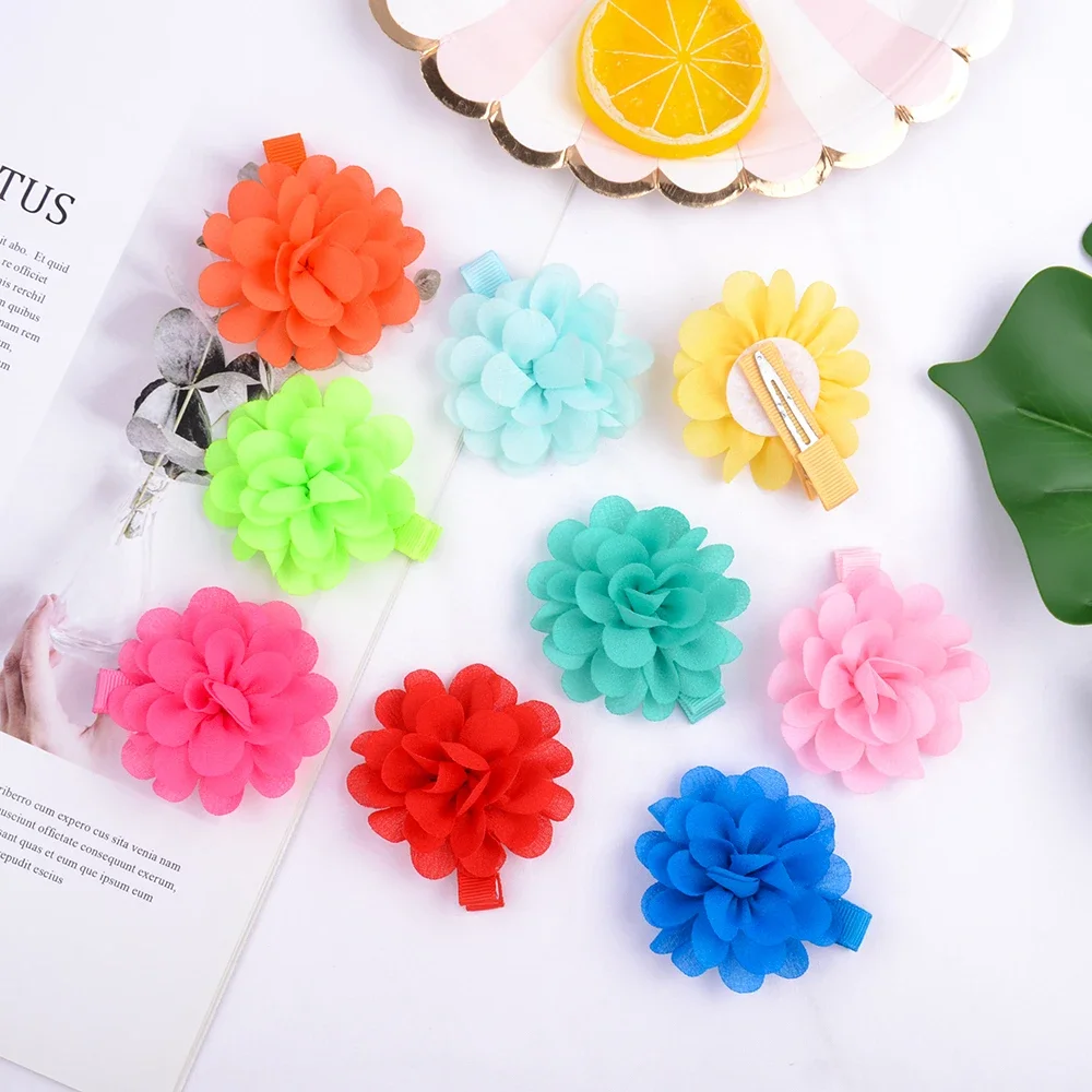 2Pieces/lot Hot Sale Chiffon Flowers with Clips for Girls Children 2.4 Inches lovely Hairpins Handmade DIY Hair Accessories