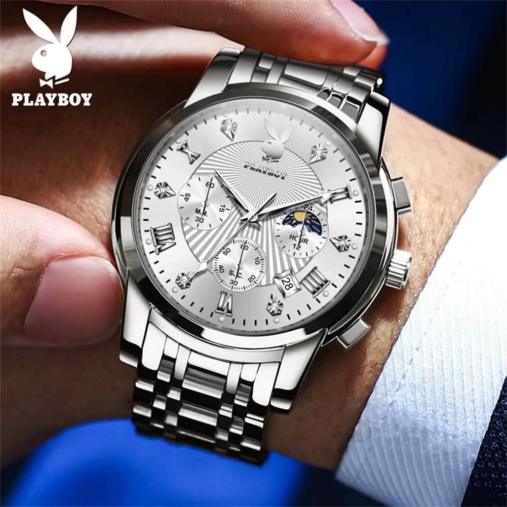 PLAYBOY 3066 Luxury Men Watch Stainless Steel Chronograph Moon